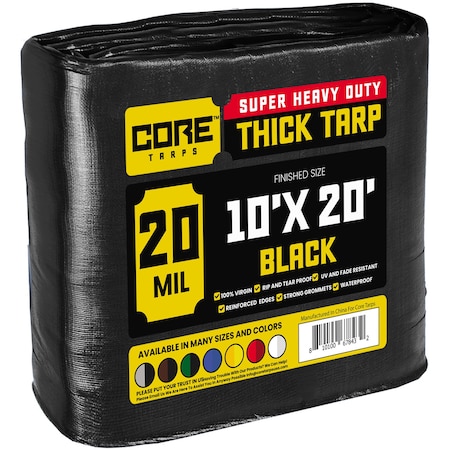 Core Tarps Heavy Duty Tarp, 10 ft x 20 ft, 20 Mil, Black, Polyethylene CT-706-10x20